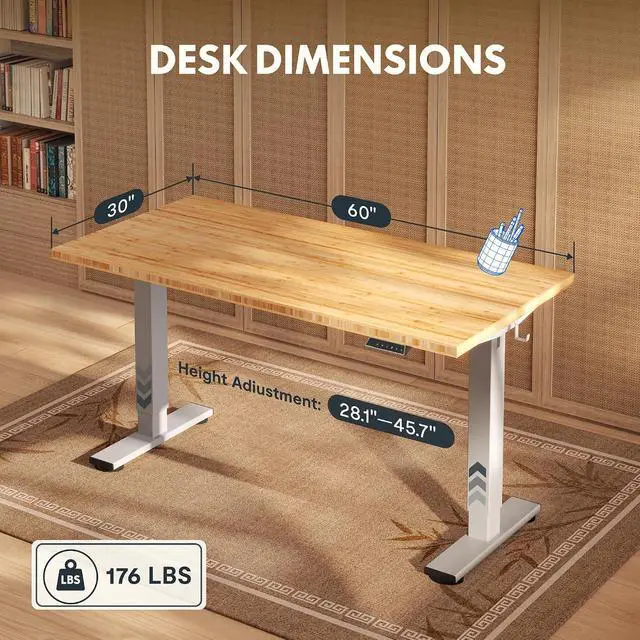 Alt view image 2 of 7 - Solid Bamboo Standing Desk, 60" x 30" Real Bamboo Desktop with Natural Grain, Durable & Sustainable Workstation for Home Office and Multi-Monitor Setups (Silver Frame)