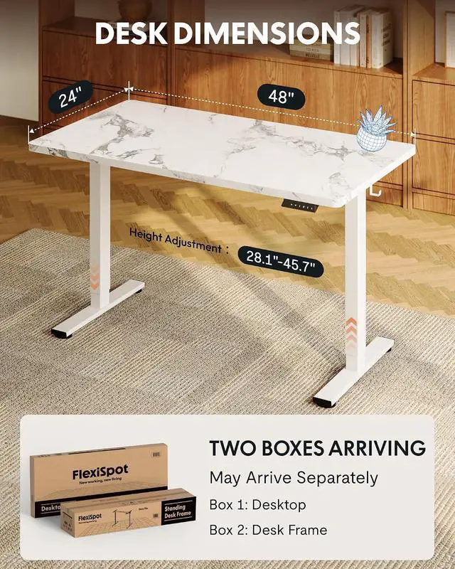 Alt view image 5 of 7 - EN1 One-Piece Standing Desk with 1-Inch Thick Seamless Desktop, 48"x24" Electric Height Adjustable Desk for Home Office, Multi-Monitor Setups & Easy Assembly, Marble Gray