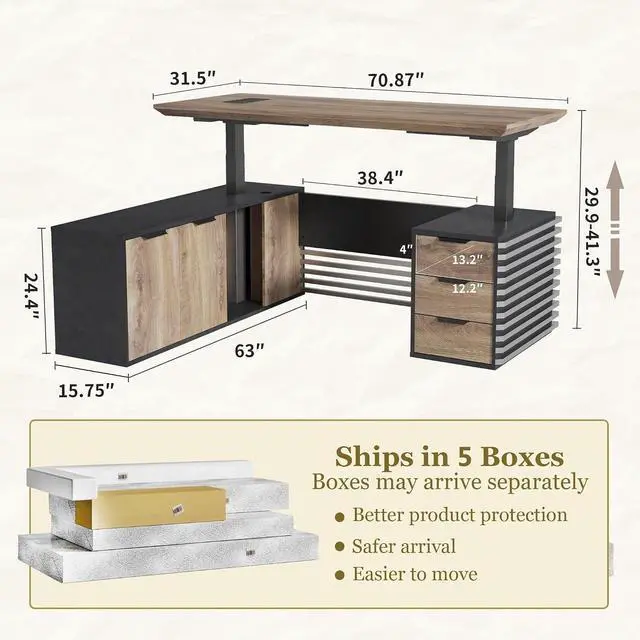 Alt view image 2 of 6 - 70.87IN Adjustable Heigh L Shaped Executive Desk w/Cabinet Storage, Modern Computer Standing Home Office Desk w/File Cabinet, AC/USB, Large Writing Table Business Workstation