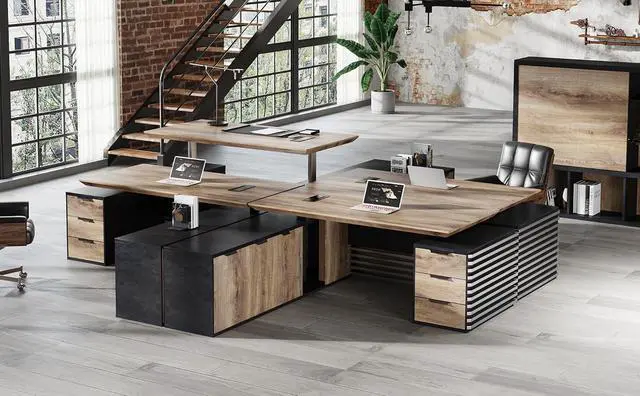 Alt view image 6 of 6 - 70.87IN Adjustable Heigh L Shaped Executive Desk with Drawers, Modern Executive Standing Home Office Desk w/Universal Charging Ports, Large Business Workstation w/Cord Management,Black and Warm Oak