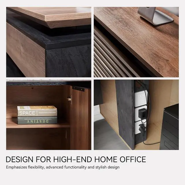 Alt view image 4 of 6 - 70.87IN Adjustable Heigh L Shaped Executive Desk with Drawers, Modern Executive Standing Home Office Desk w/Universal Charging Ports, Large Business Workstation w/Cord Management,Black and Warm Oak