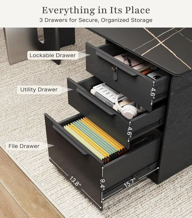 Alt view image 6 of 7 - 63" Black Executive Desk with File Drawers, Rectangular Office Computer Desk with Reversible Cabinet & Sintered Stone Desktop, Simple Workstation Business Furniture, 23.6"D x 62.9"W x 29.5"H