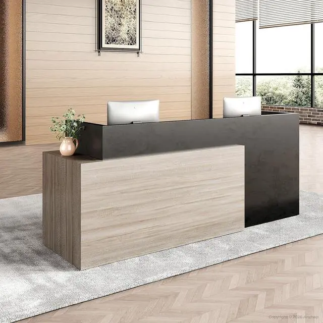 Main image of 86.6 in Luxury Two Person Reception Desk, Commercial Front Desk Counter with 2 Cable Grommets, Extra Long Reception Counter for Office, Clinic, Lobby, Hotel (Right)