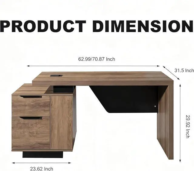 Alt view image 2 of 6 - Modern Executive Office Desk 63", Computer Desk with Drawer, File Drawer, Professional Office Table with Storage Cabinet & Cable Management Box, 1.8" Thick Desktop with Privacy Panel (Mahogany, Left)