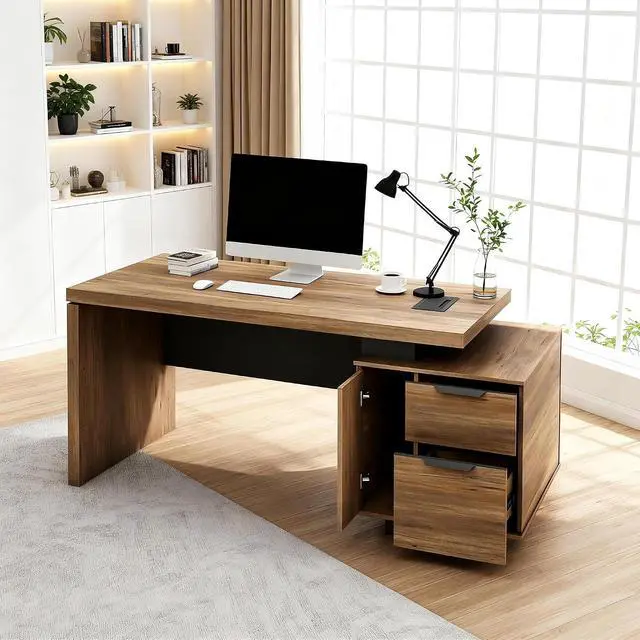 Alt view image 3 of 6 - Modern Executive Office Desk 63", Computer Desk with Drawer, File Drawer, Professional Office Table with Storage Cabinet & Cable Management Box, 1.8" Thick Desktop with Privacy Panel