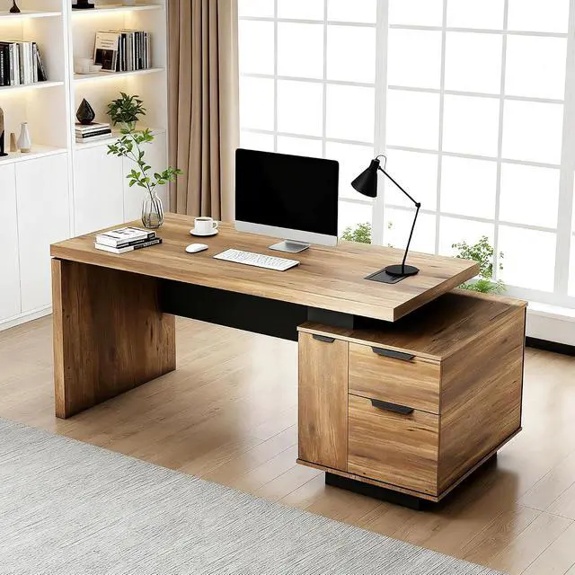 Alt view image 4 of 6 - Modern Executive Office Desk 63", Computer Desk with Drawer, File Drawer, Professional Office Table with Storage Cabinet & Cable Management Box, 1.8" Thick Desktop with Privacy Panel