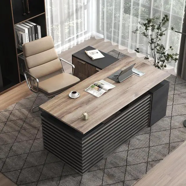 Main image of 70.87IN Adjustable Heigh L Shaped Executive Desk with Drawers, Modern Executive Standing Home Office Desk w/Universal Charging Ports, Large Business Workstation w/Cord Management,Black and Warm Oak