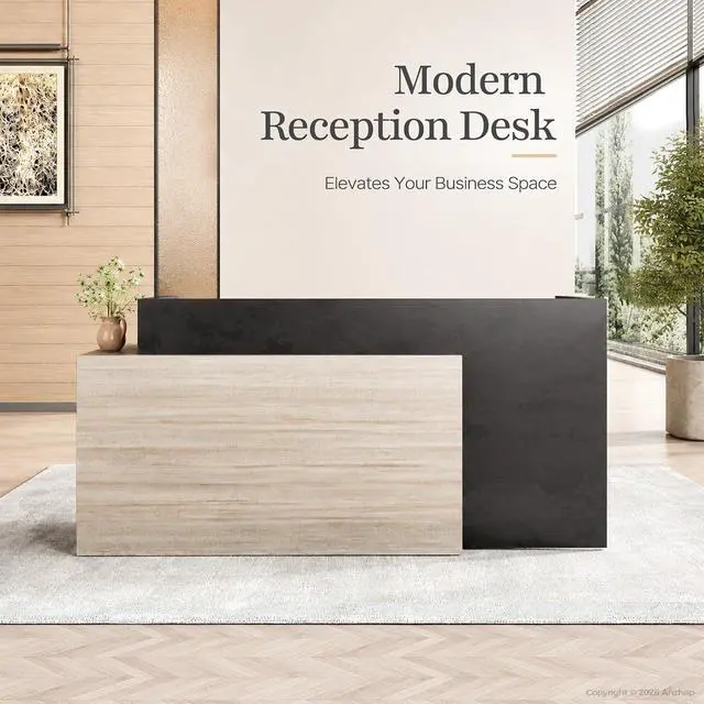 Alt view image 3 of 7 - 86.6 in Luxury Two Person Reception Desk, Commercial Front Desk Counter with 2 Cable Grommets, Extra Long Reception Counter for Office, Clinic, Lobby, Hotel (Right)