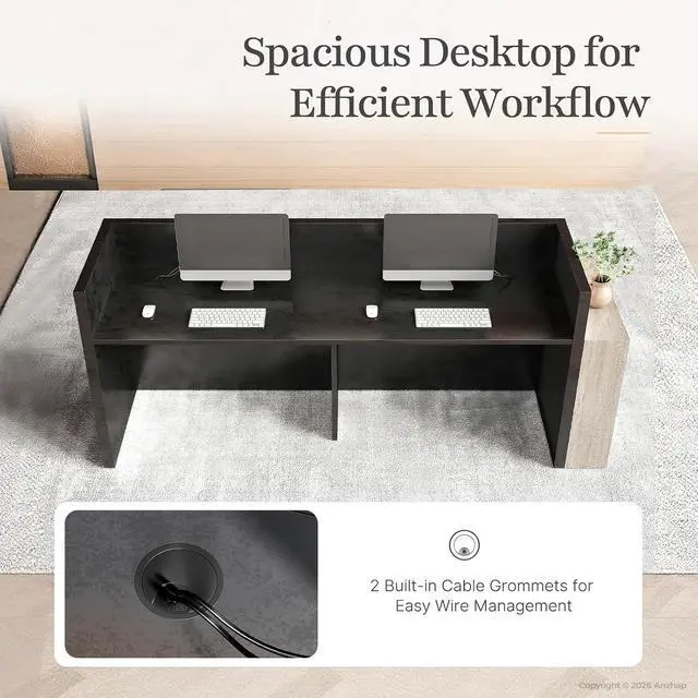 Alt view image 4 of 7 - 86.6 in Luxury Two Person Reception Desk, Commercial Front Desk Counter with 2 Cable Grommets, Extra Long Reception Counter for Office, Clinic, Lobby, Hotel (Right)