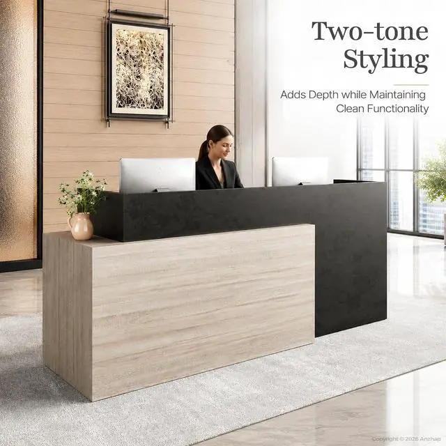 Alt view image 5 of 7 - 86.6 in Luxury Two Person Reception Desk, Commercial Front Desk Counter with 2 Cable Grommets, Extra Long Reception Counter for Office, Clinic, Lobby, Hotel (Right)