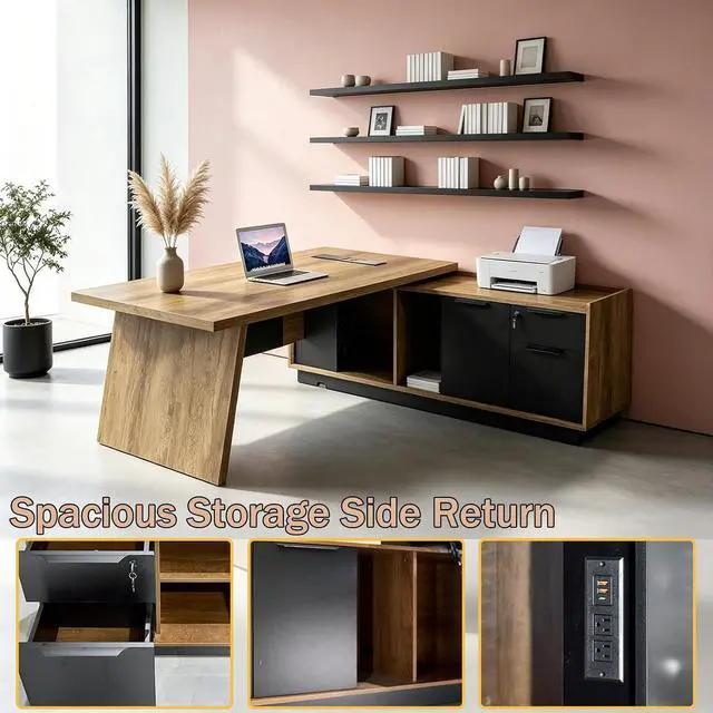 Alt view image 6 of 7 - L-Shaped Executive Desk (71" or 79") | with Built-in Dual Charging & Wireless on Desktop | Drawers & Printer Space, Modern Office Desk for Home & Business Offices(Right)