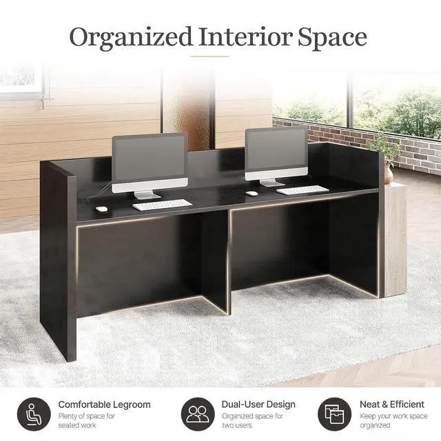 Alt view image 6 of 7 - 86.6 in Luxury Two Person Reception Desk, Commercial Front Desk Counter with 2 Cable Grommets, Extra Long Reception Counter for Office, Clinic, Lobby, Hotel (Right)