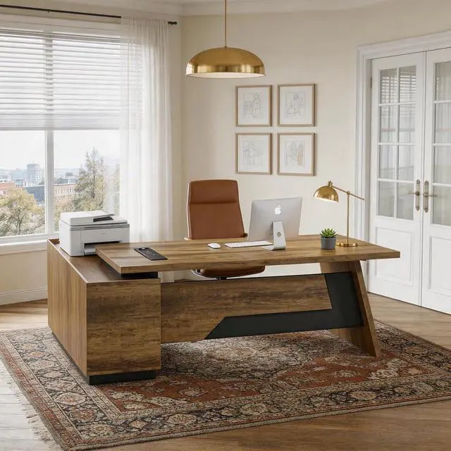 Alt view image 7 of 7 - L-Shaped Executive Desk (71" or 79") | with Built-in Dual Charging & Wireless on Desktop | Drawers & Printer Space, Modern Office Desk for Home & Business Offices(Right)