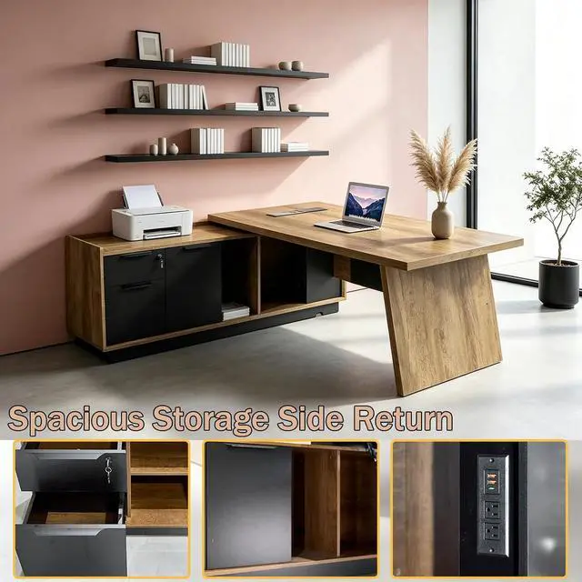 Alt view image 6 of 7 - L-Shaped Executive Desk (71" or 79") | with Built-in Dual Charging & Wireless on Desktop | Drawers & Printer Space, Modern Office Desk for Home & Business Offices(Left)