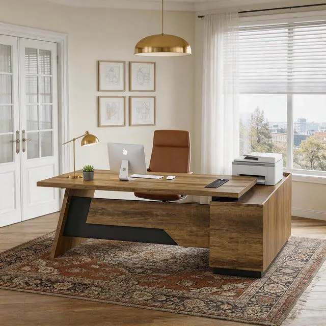 Alt view image 7 of 7 - L-Shaped Executive Desk (71" or 79") | with Built-in Dual Charging & Wireless on Desktop | Drawers & Printer Space, Modern Office Desk for Home & Business Offices(Left)