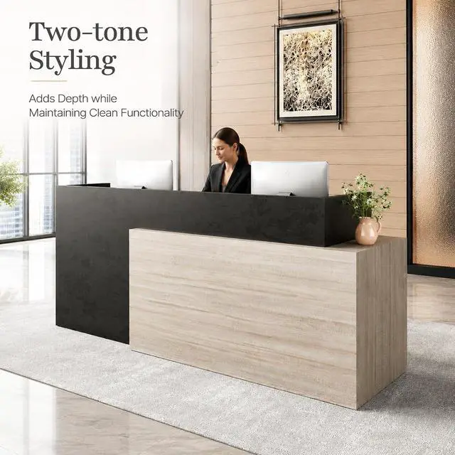 Alt view image 5 of 7 - 86.6 in Luxury Two Person Reception Desk, Commercial Front Desk Counter with 2 Cable Grommets, Extra Long Reception Counter for Office, Clinic, Lobby, Hotel (Left)