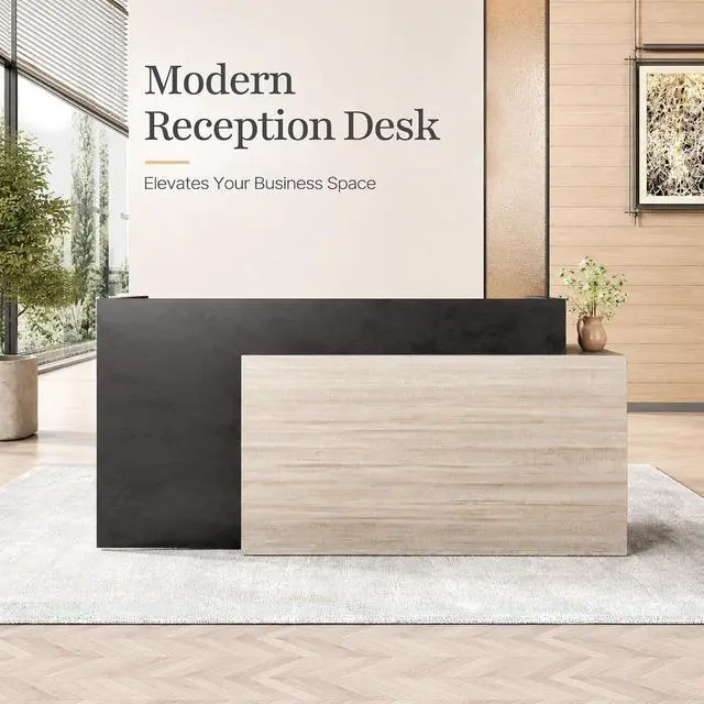 Alt view image 3 of 7 - 86.6 in Luxury Two Person Reception Desk, Commercial Front Desk Counter with 2 Cable Grommets, Extra Long Reception Counter for Office, Clinic, Lobby, Hotel (Left)