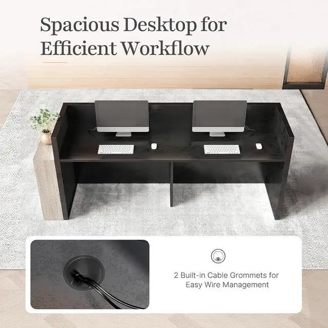 Alt view image 4 of 7 - 86.6 in Luxury Two Person Reception Desk, Commercial Front Desk Counter with 2 Cable Grommets, Extra Long Reception Counter for Office, Clinic, Lobby, Hotel (Left)