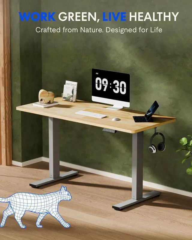 Alt view image 2 of 7 - Solid Wood Standing Desk, 55" x 24" Real Wood Desktop with Natural Grain, Durable & Sustainable Workstation for Home Office and Multi-Monitor Setups (Rubber Wood, Silver Frame)