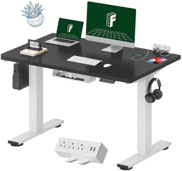 Main image of EN2 Whole-Piece Standing Desk with Clamp Power Strip, 48 x 30 Electric Stand Up Height Adjustable Desk with Cable Management (White Frame + 48" Black Top, 2 Packages)