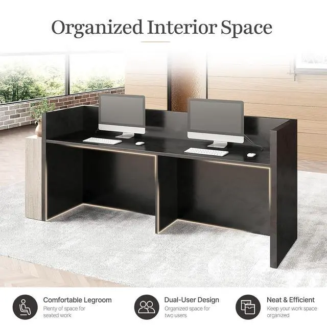 Alt view image 6 of 7 - 86.6 in Luxury Two Person Reception Desk, Commercial Front Desk Counter with 2 Cable Grommets, Extra Long Reception Counter for Office, Clinic, Lobby, Hotel (Left)