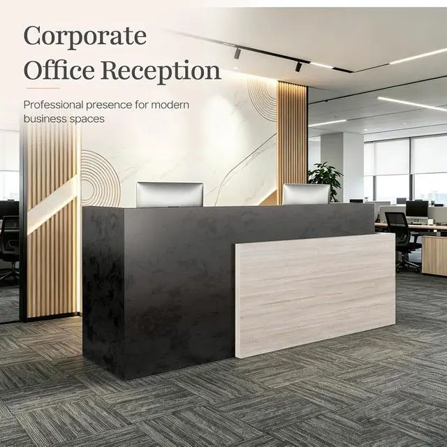 Alt view image 7 of 7 - 86.6 in Luxury Two Person Reception Desk, Commercial Front Desk Counter with 2 Cable Grommets, Extra Long Reception Counter for Office, Clinic, Lobby, Hotel (Left)