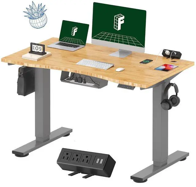 Main image of EN2 Bamboo Standing Desk with Clamp Power Strip, 48 x 24 Electric Stand Up Height Adjustable Desk with Cable Management (Grey Frame + 48" Bamboo Top, 2 Packages)