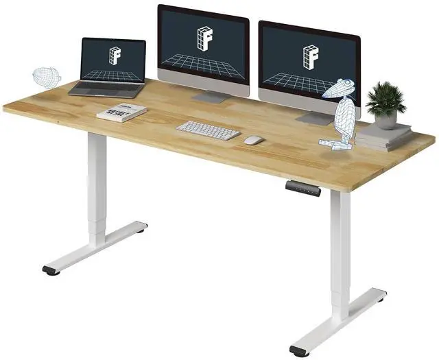 Main image of E6 Solid Wood 3-Stage Dual Motor 71 x 30 Electric Standing Desk, Holds 220 lbs, Adjustable Height w/ Memory Presets, Butcher Block Rubberwood Desktop & White Frame, Ships in 2 Boxes