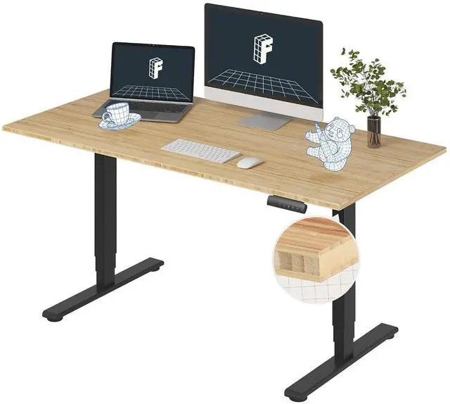 Main image of E6 Bamboo 3-Stage Dual Motor 60 x 30 Electric Standing Desk Sit Stand Up Desk, Holds 220 lbs, Adjustable Height w/ Memory Presets, Solid Bamboo Desktop & Black Frame, Ships in 2 Boxes