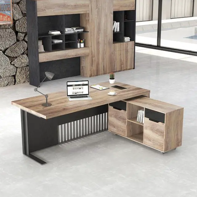 Main image of 71 Inch L Shaped Executive Office Desk with 2 Drawers, Modern Home Office Desk with File Cabinet, Business Furniture w/Stand Under Desk Storage Organizer with 4 Wheels (Right)