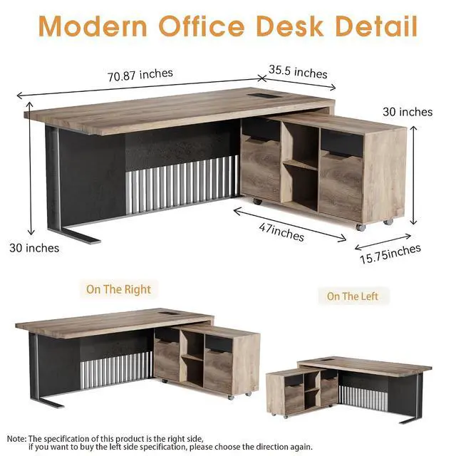 Alt view image 2 of 6 - 71 Inch L Shaped Executive Office Desk with 2 Drawers, Modern Home Office Desk with File Cabinet, Business Furniture w/Stand Under Desk Storage Organizer with 4 Wheels (Right)