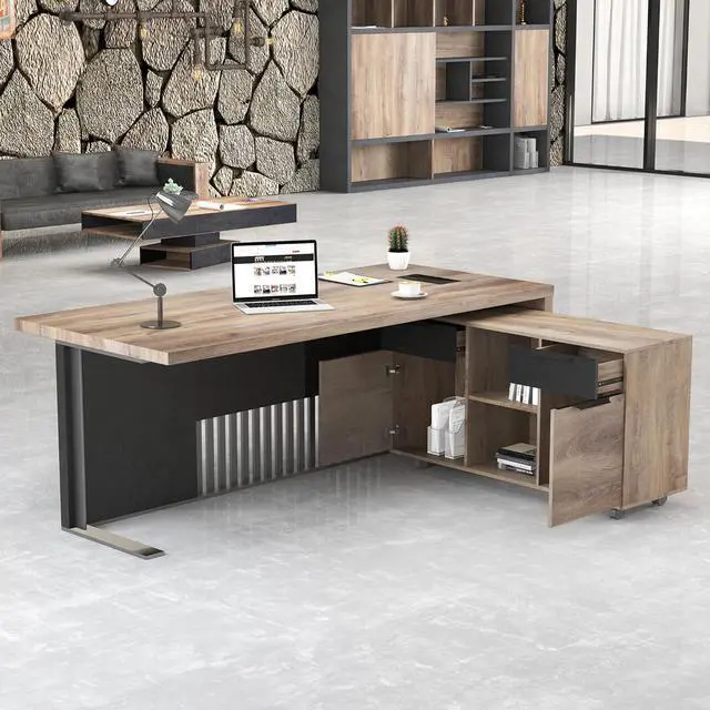 Alt view image 5 of 6 - 71 Inch L Shaped Executive Office Desk with 2 Drawers, Modern Home Office Desk with File Cabinet, Business Furniture w/Stand Under Desk Storage Organizer with 4 Wheels (Right)