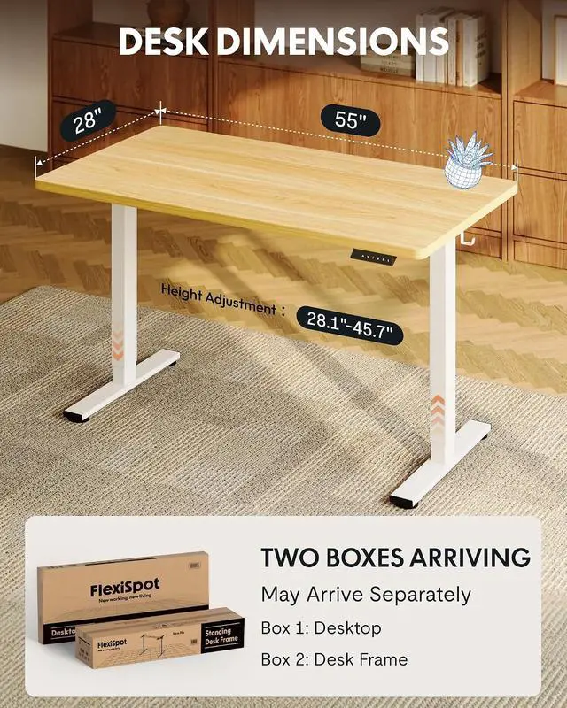 Alt view image 6 of 7 - EN1 One-Piece Standing Desk with 1-Inch Thick Seamless Desktop, 55"x28" Electric Height Adjustable Desk for Home Office, Multi-Monitor Setups & Easy Assembly, Maple