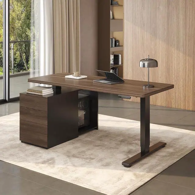 Main image of 55" Executive Standing Desk with Drawers & CPU Holder, Dual Motor Height Adjustable Desk, 222 LBS Capacity, 1" Thick Desktop, Home Office Workstation, Black Walnut, 3 Packages