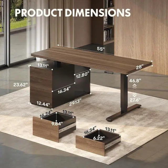 Alt view image 2 of 7 - 55" Executive Standing Desk with Drawers & CPU Holder, Dual Motor Height Adjustable Desk, 222 LBS Capacity, 1" Thick Desktop, Home Office Workstation, Black Walnut, 3 Packages