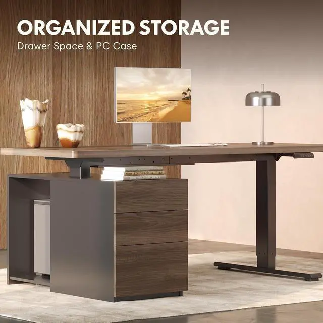 Alt view image 4 of 7 - 55" Executive Standing Desk with Drawers & CPU Holder, Dual Motor Height Adjustable Desk, 222 LBS Capacity, 1" Thick Desktop, Home Office Workstation, Black Walnut, 3 Packages