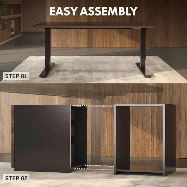Alt view image 6 of 7 - 55" Executive Standing Desk with Drawers & CPU Holder, Dual Motor Height Adjustable Desk, 222 LBS Capacity, 1" Thick Desktop, Home Office Workstation, Black Walnut, 3 Packages