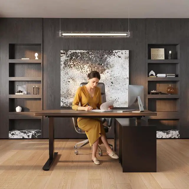 Alt view image 5 of 7 - 55" Executive Standing Desk with Drawers & CPU Holder, Dual Motor Height Adjustable Desk, 222 LBS Capacity, 1" Thick Desktop, Home Office Workstation, Black Walnut, 3 Packages
