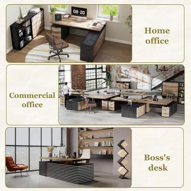 Alt view image 5 of 6 - 78.74IN Adjustable Heigh L Shaped Executive Desk w/Cabinet Storage, Modern Computer Standing Home Office Desk w/Universal Charging Ports, Large Writing Table Business Furniture Workstation