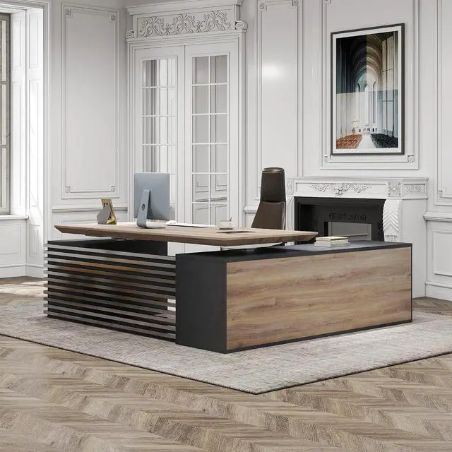 Alt view image 6 of 6 - 78.74IN Adjustable Heigh L Shaped Executive Desk w/Cabinet Storage, Modern Computer Standing Home Office Desk w/Universal Charging Ports, Large Writing Table Business Furniture Workstation