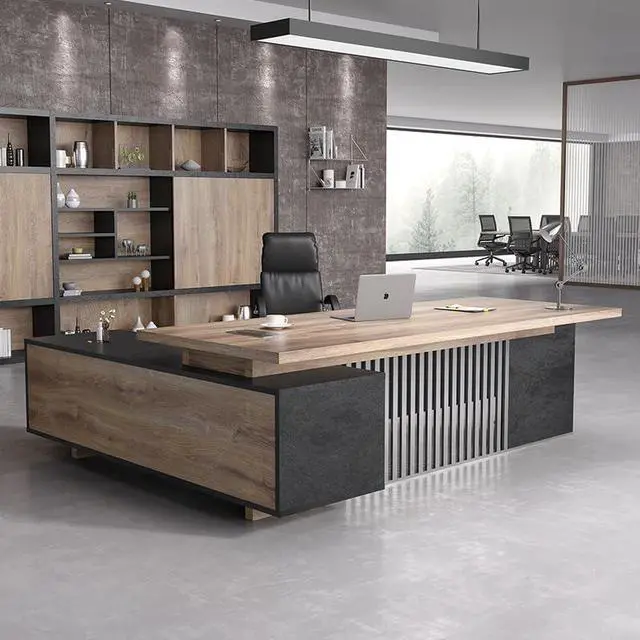 Alt view image 3 of 6 - 94.4 Inch L-Shaped Executive Desk with Cabinet, 2 Drawers and Storage Shelves, Modern Black Home Office Desk