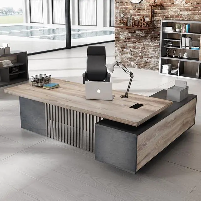 Alt view image 2 of 6 - 94.4 Inch L-Shaped Executive Desk with Cabinet, 2 Drawers and Storage Shelves, Modern Black Home Office Desk