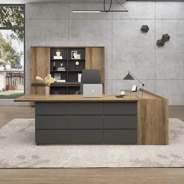 Main image of 94 Inch Executive L-Shaped Computer Desk with Drawers and Storage Shelves, Business Furniture Desk Workstation (Black & Wooden, 30" Tall)