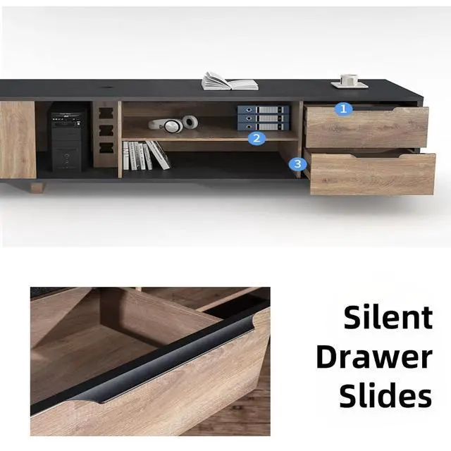 Alt view image 5 of 6 - 94.4 Inch L-Shaped Executive Desk with Cabinet, 2 Drawers and Storage Shelves, Modern Black Home Office Desk