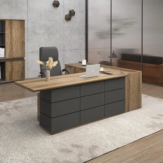 Alt view image 2 of 6 - 94 Inch Executive L-Shaped Computer Desk with Drawers and Storage Shelves, Business Furniture Desk Workstation (Black & Wooden, 30" Tall)