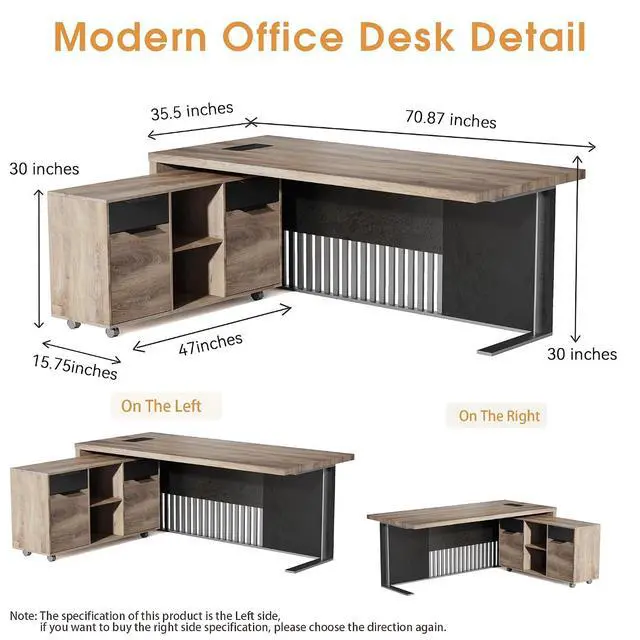 Alt view image 2 of 6 - 70.8" Inch L Shaped Executive Office Desk with 2 Drawers, Modern Home Office Desk with File Cabinet, Business Furniture w/Stand Under Desk Storage Organizer with 4 Wheels