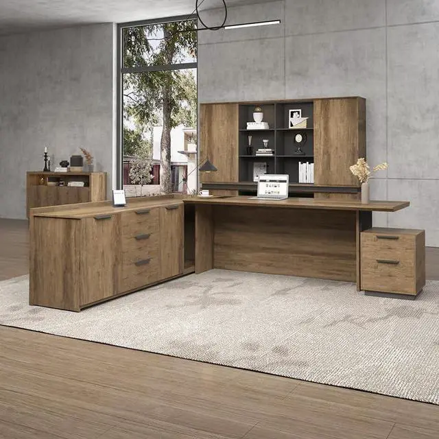 Alt view image 3 of 6 - 94 Inch Executive L-Shaped Computer Desk with Drawers and Storage Shelves, Business Furniture Desk Workstation (Black & Wooden, 30" Tall)
