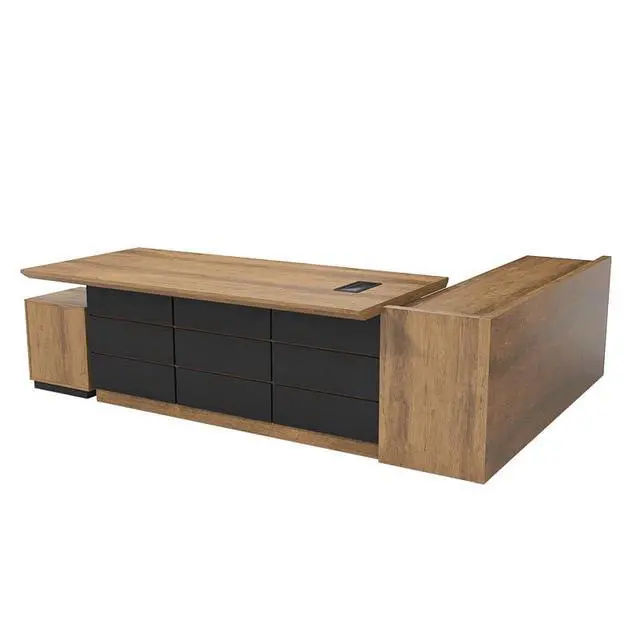 Alt view image 6 of 6 - 94 Inch Executive L-Shaped Computer Desk with Drawers and Storage Shelves, Business Furniture Desk Workstation (Black & Wooden, 30" Tall)