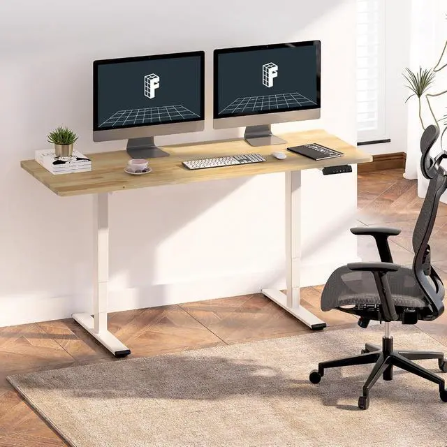 Alt view image 2 of 7 - E6 Solid Wood 3-Stage Dual Motor 48 x 24 Electric Standing Desk, Holds 220 lbs, Adjustable Height w/Memory Presets, Butcher Block Rubberwood Desktop & White Frame, Ships in 2 Boxes