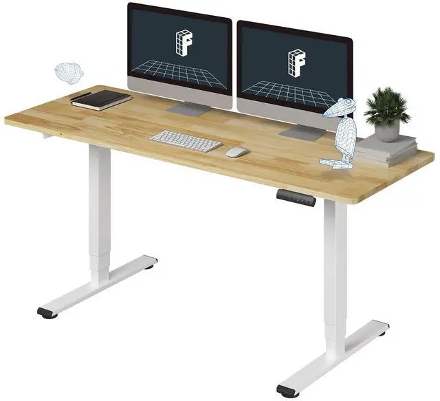 Main image of E6 Solid Wood 3-Stage Dual Motor 63 x 24 Electric Standing Desk, Holds 220 lbs, Adjustable Height w/Memory Presets, Butcher Block Rubberwood Desktop & White Frame, Ships in 2 Boxes